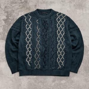 Protege USA Sweater Green Beige Coogi Style Cable Knit Jumper L Cotton Boreal